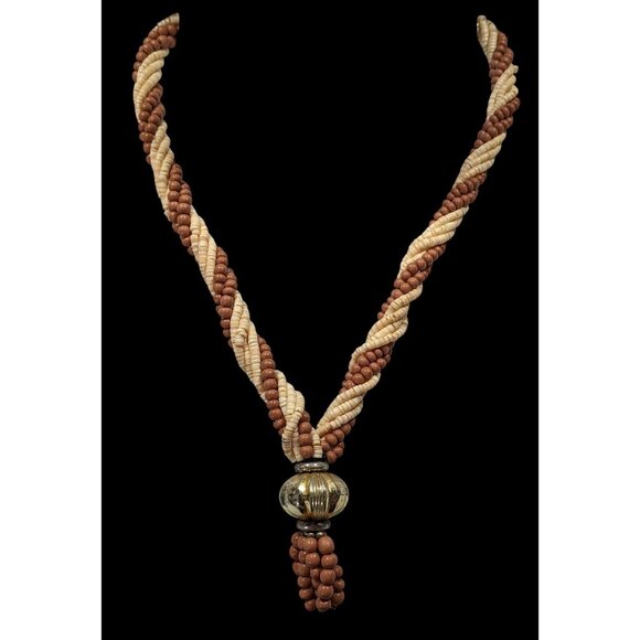 Vintage Rustic Brown And Cream Shell And Wood Beaded Necklace With Gold Tone Bau - Picture 2 of 6